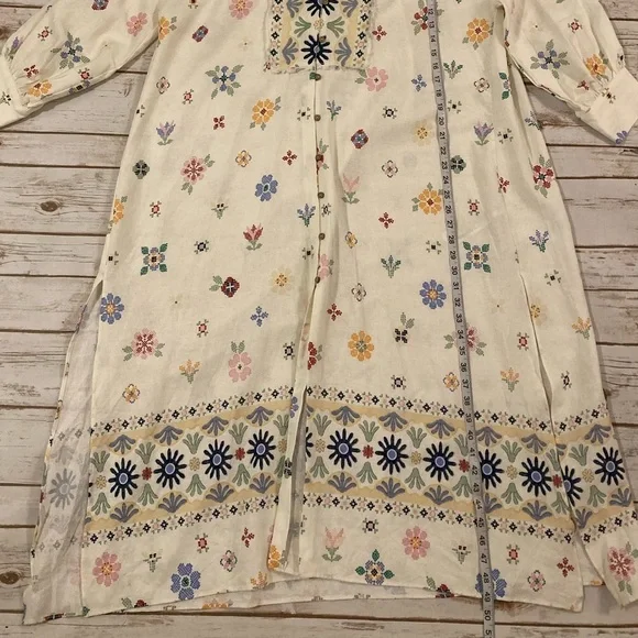 ZARA Oversized Linen Blend Floral Print MIDI Kaftan Dress White Large - Picture 6 of 13